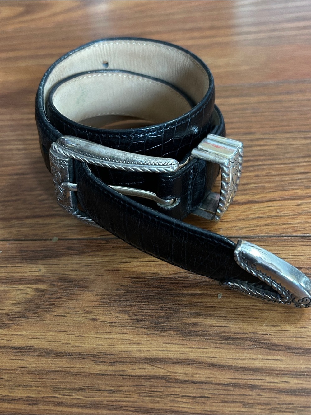 Vintage Brighton Elegant Croc Embossed Black Leather Belt with Silver Buckle 28